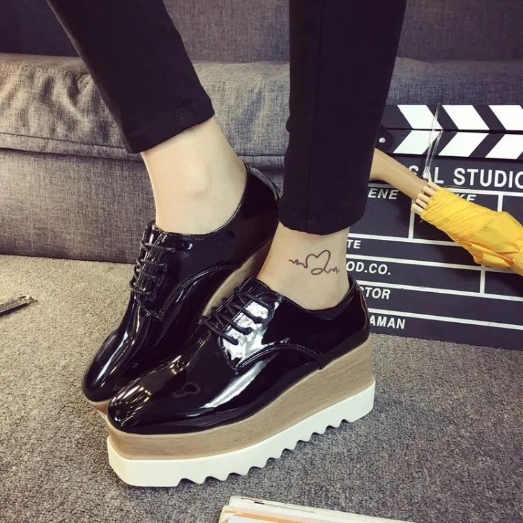 35-39 Spring Casual Solid Women Flat Shoes Patent Leather Lace-up Loafers Platforms British Style Ladies Oxfords | Обувь