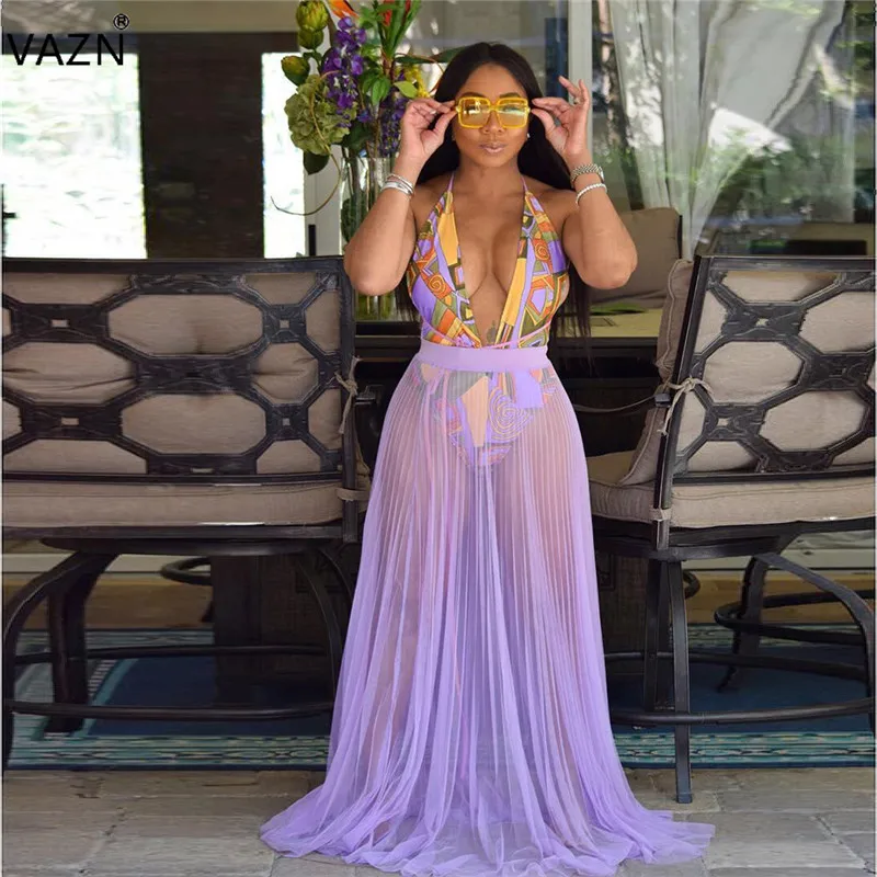 VAZN Summer New Sexy Style 2019 Women 2 Piece Set 1Piece Bodysuits Hollow Out Maxi Skirts Chiffon Beach SN3870 | Женская одежда