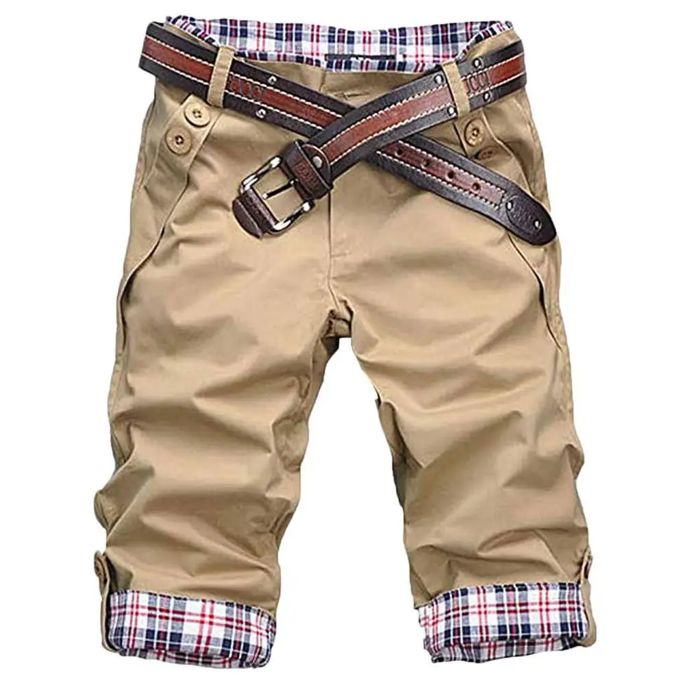 Khaki Мужские спортивные облегающие клетчатые повседневные спортивные штаны с пуговицами, шорты с завязками, летние хлопковые повседневные короткие штаны, брендовая одежда - Цвет: Khaki