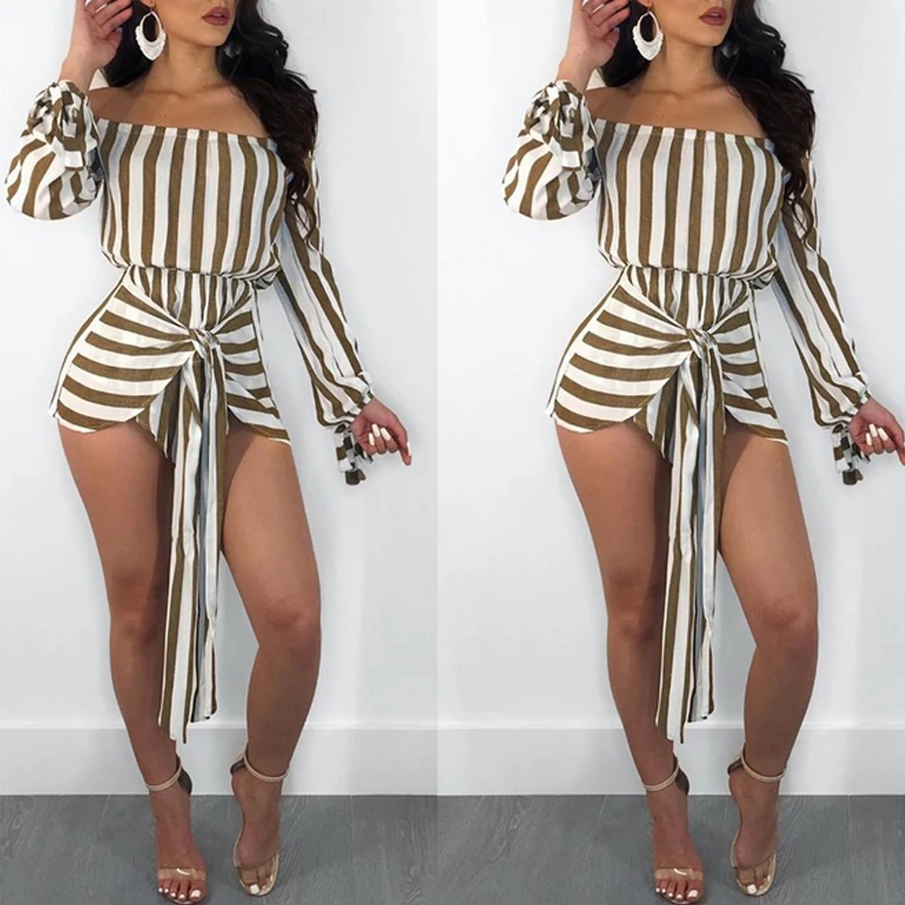 Summer New Sexy Women Ladies Long Sleeve Off Shoulder Striped Shorts Mini Playsuits Party Club Female Clothing | Женская одежда