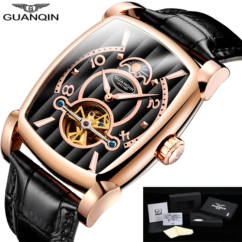 GUANQIN Brand Men Watch Automatic Self-Wind Luxury Tourbillon Sapphire Skeleton Watch Fashion Rectangle Leather Gold Male Clock