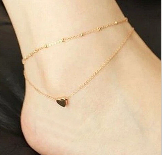 

New Beach Jewelry Sexy Gold Tone Love Heart Ankle Bracelet Double Layer Chain Foot Anklet Anklets For Women Foot Jewelry