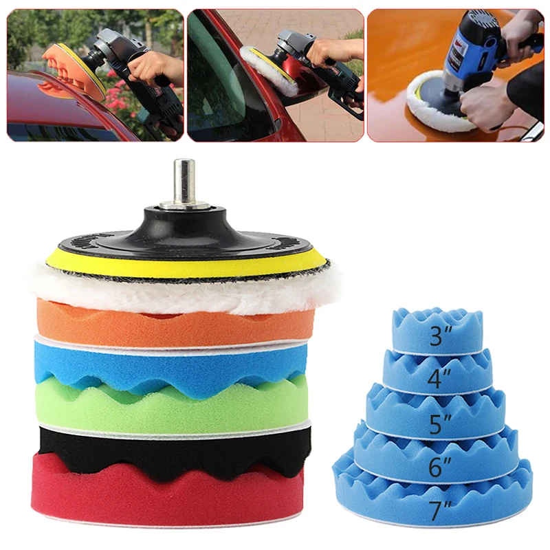 

New 7Pc 3/4/5/6/7'' Car Polisher Polishing Waxing Buffing Woolen&Sponge Pads Kit