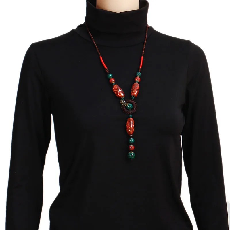 Shineland Unique Vintage Ethnic Jewelry Women's Long Hand Made Rope Chain Irregular Ceramic Statement Necklace Collier Femme | Украшения