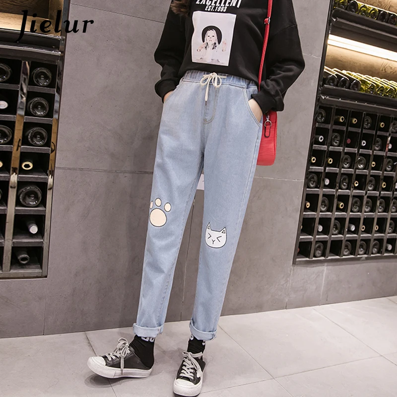 Jielur Harajuku больших размеров джинсы для женщин японский Kawaii Cat ног Печатный Высокая