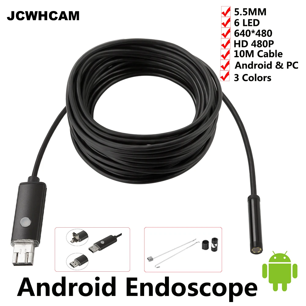 Эндоскоп JCWHCAM 5 мм 10 м HD 480P USB камера Android эндоскопа IP67 бороскоп 2 в 1 эндоскоп