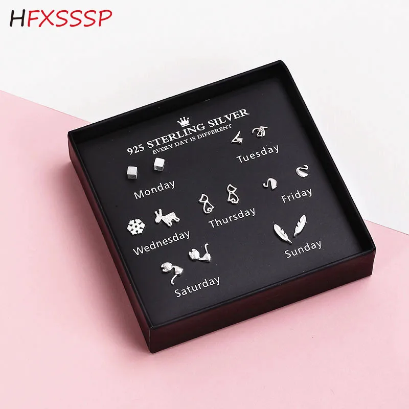 1 Hfxsssp S925 наборе серебристых спиц из неделю подарочная упаковка для сережек задать комбинацию Асимметричное Платье с принтом «сердечки» для маленькой девочки мини студент небольшой чистый свежий уха ювелирные изделия - Окраска металла: 1