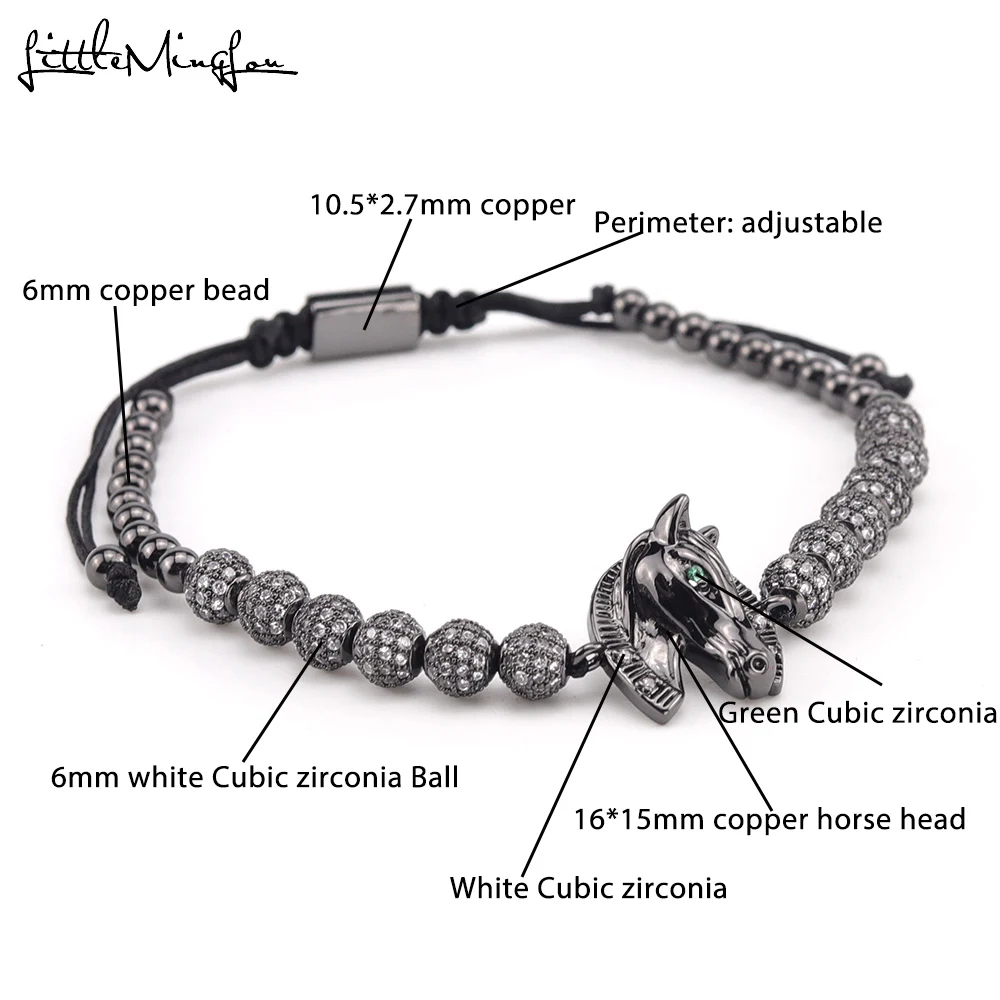 Роскошный CZ браслет с головой лошади шарма медные бусины плетеные регулируемые