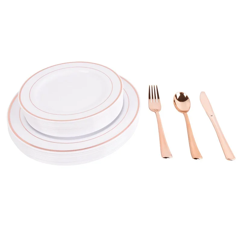 

75pcs Disposable Luxury Rose Gold Knife Fork Spoon Plastic Cutlery Kit Dinnerware Wedding Baby Shower Birthday Party Decor