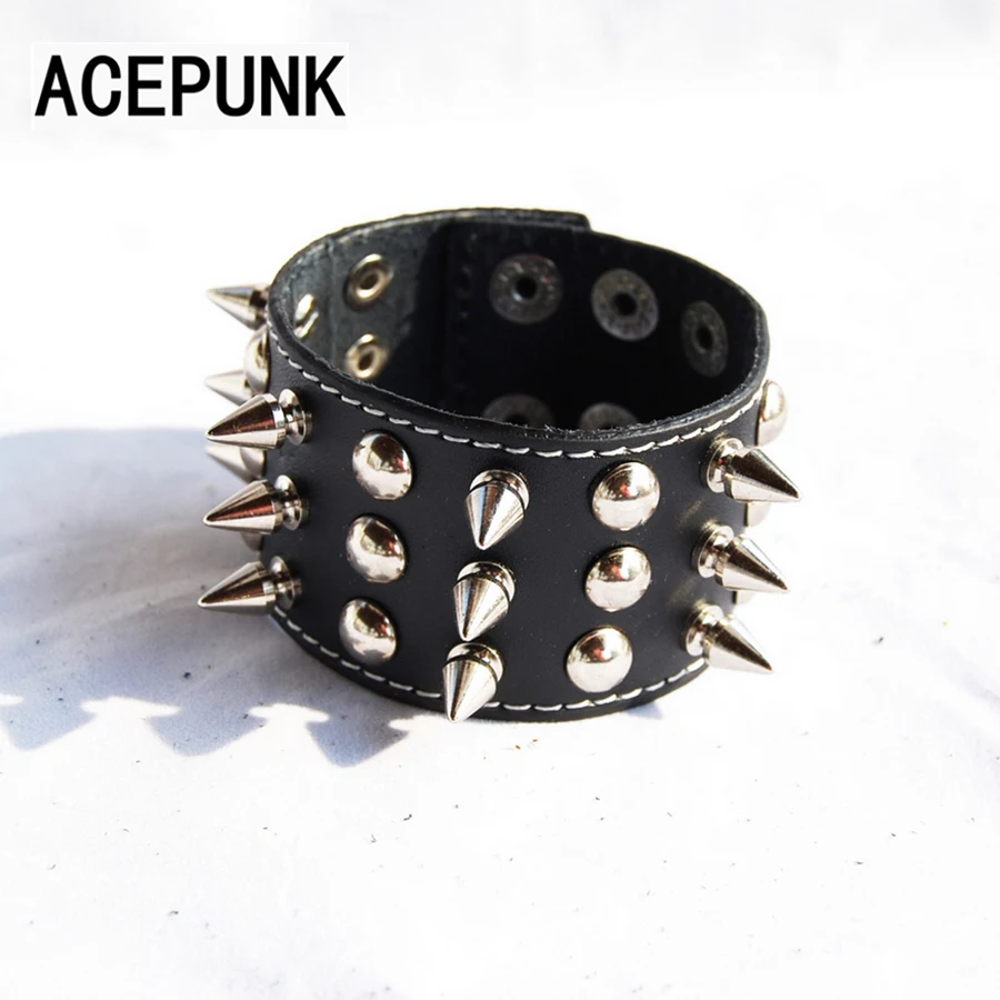 Уникальные три ряда Cuspidal заклепки шипы с широкими манжетами кожаные панк Рок