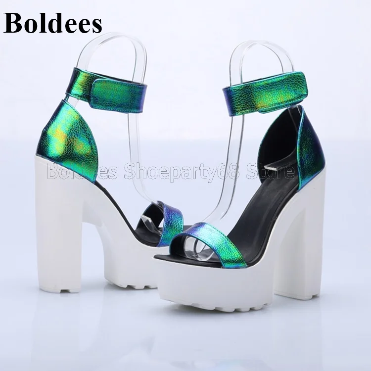 Модные неоново-Зеленые босоножки из искусственной кожи на блочном каблуке Sandala