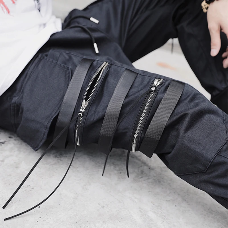 

Men Black Ribbons Pants Joggers Hiphop Streetwear 2020 Fashion Hip Hop Harem Pants Men Jogger Clothes HW63