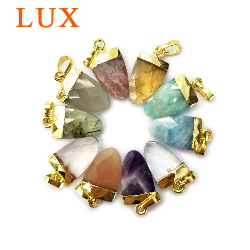 LUX Natural Gem stone Charm White quartz Labradorites Amazonites amethysts Tiny shield Faceted Pendant with Gold color Plated | Украшения и