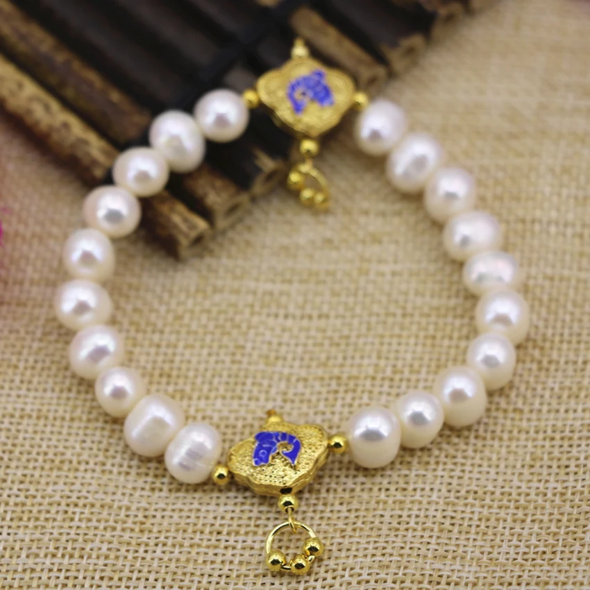 Natural white pearl beads 9-10mm nearround strand bracelet for women fashion gold-color cloisonne spacers jewelry 7.5inch B3099 | Украшения