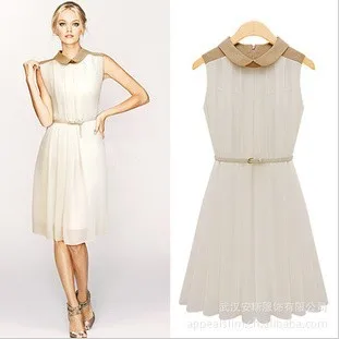 2013 Summer Europe and the United States Women color stitching lapels waist pleated chiffon dress retro fashion wind | Женская одежда