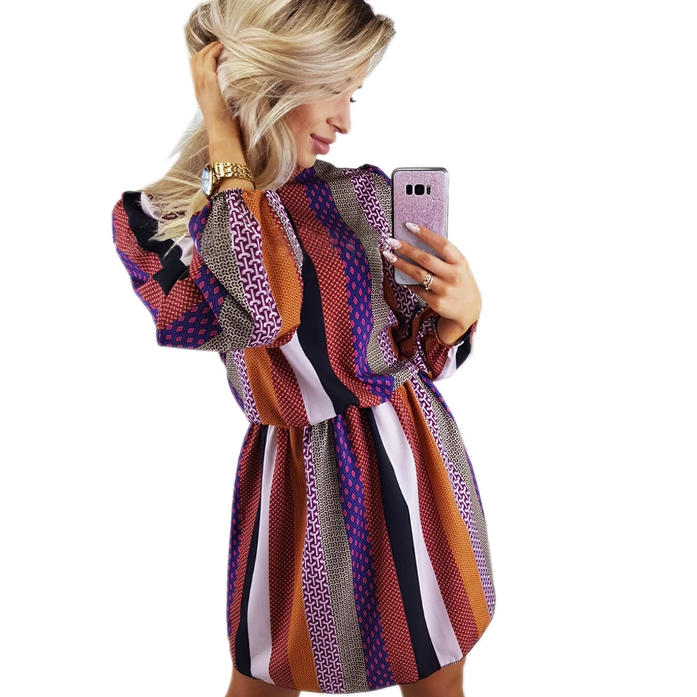 ELSVIOS Women Back Bow Striped Print Dress 2019 New Spring Turtleneck Long Sleeve A-line Dresses Casual beach Vestidos | Женская одежда