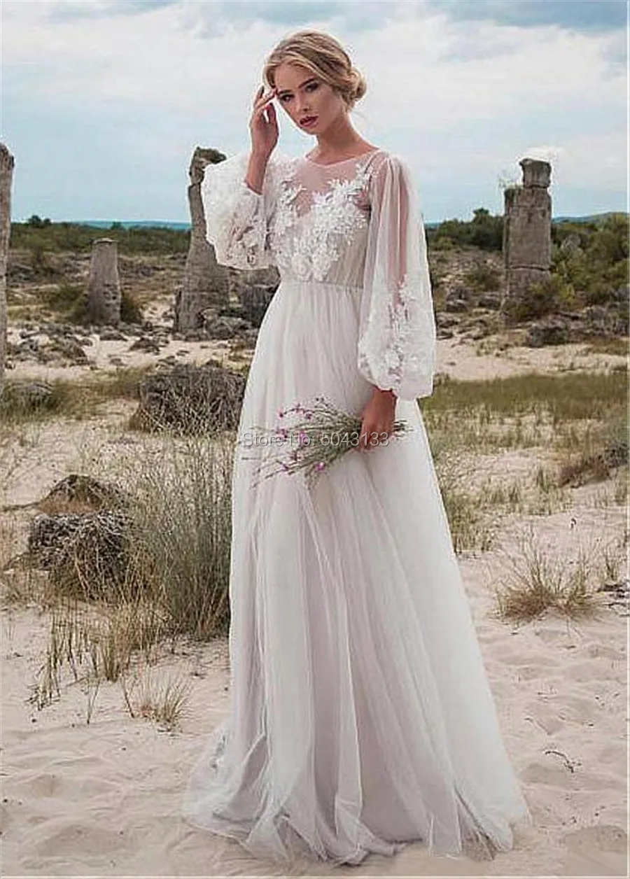 Сказочное… из тюли Совок ТРАПЕЦИЕВИДНОЕ ПЛАТЬЕ Boho свадебный наряд с Фонари рукава кружевное свадебное платье с аппликациеми Формальные пляжное платье F106