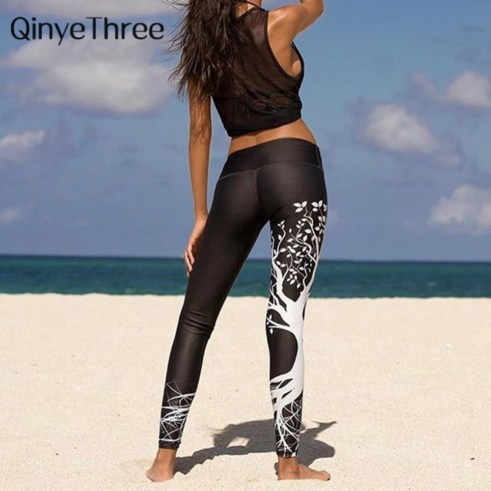

Fashion Women Leggings Elastic High Waist pants Wish Tree Printing Breathable Slim fitness Legging Sporting Workout Black White
