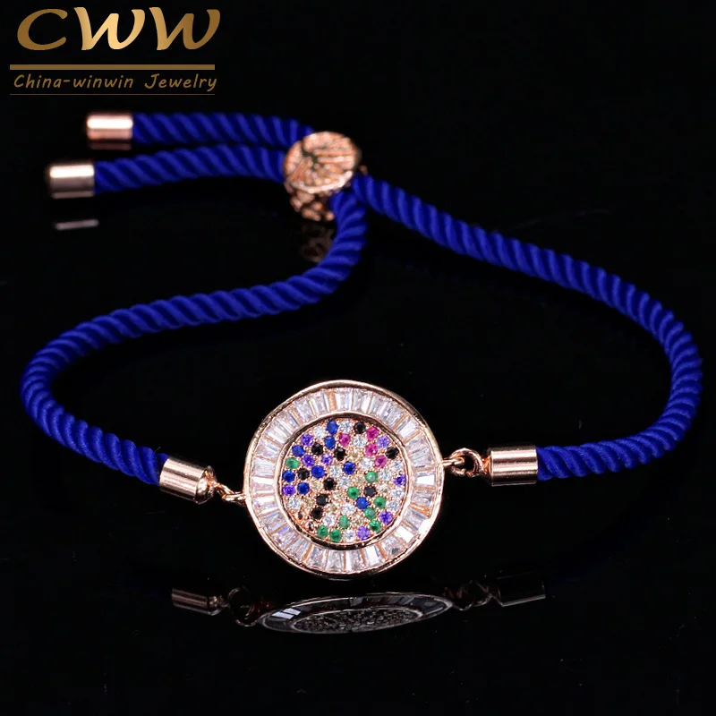 CWWZircons Fashion Rose Gold Color Cubic Zirconia Stones Round Charm Handmade Blue Rope Bracelets Women Jewelry CB003 | Украшения и