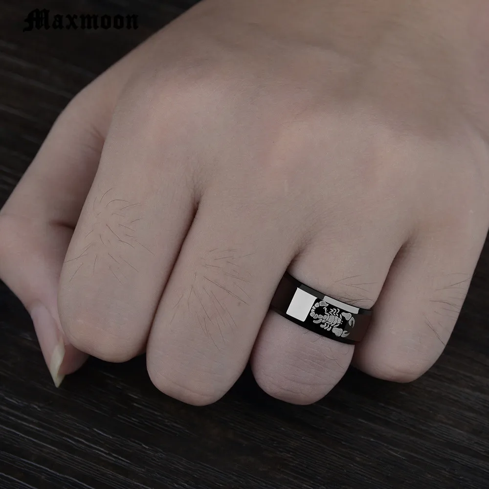 Maxmoon Punk Vintage Black Scorpion Pattern Mens Ring Color Round Stainless Steel Titanium Rings for Men Jewelry | Украшения и