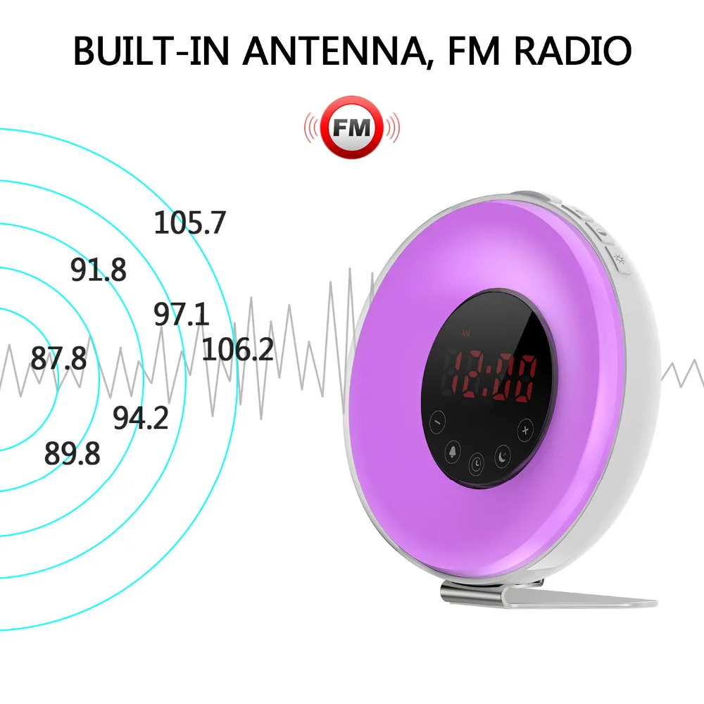 Светодиодный Digtial Восход моделирование Wake up Световой Будильник FM радио Повтор Smart