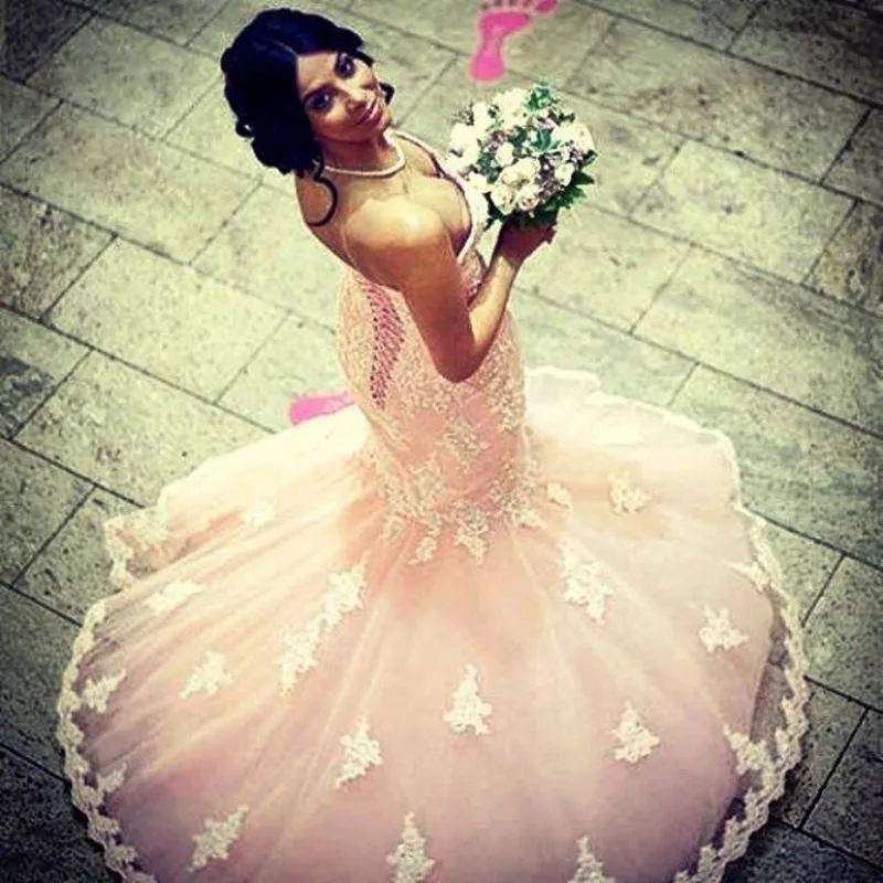 Сексуальная Розовый Милая С Плеча Узелок Аппликации Русалка Свадебные Платья