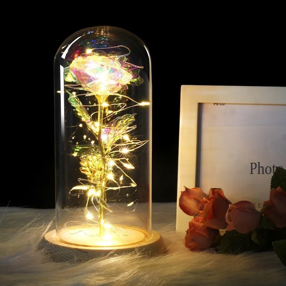 Discoloration NEW Beauty And Beast Eternal Flower Rose In Flask Wedding Decoration Artificial Flowers In Glass Cover For Valentine's Day Gifts - Цвет: Discoloration