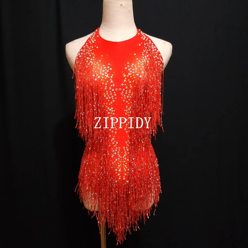 Fashion  Women's Performance Rhinestones Leotard RED  Fringes Bodysuit Dance Costume Female Singer Dance Show Outfit