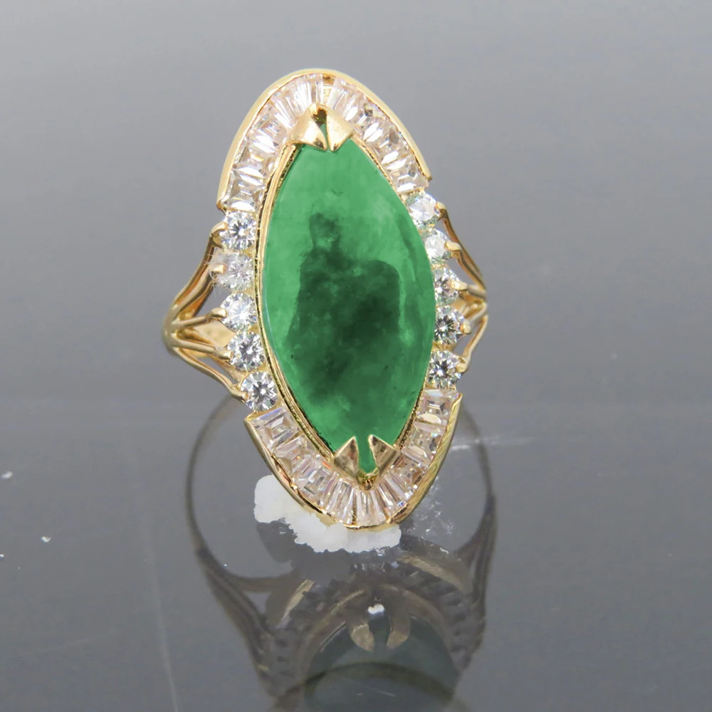 

Solid 14K Yellow Gold Natural Emerald Green Jade & White Moissanite Halo Engagement Wedding Ring For Women