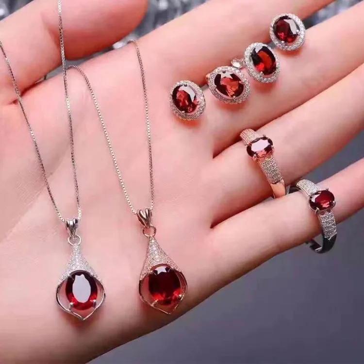 KJJEAXCMY boutique jewels 925 Pure silver inlaid with natural pomegranate stone necklace pendant ring earrings 3 pieces qwert | Украшения и