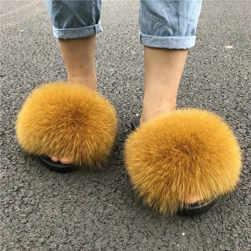 Fluffy Slippers Real Fox Fur Slides Indoor Flip Flops Casual High Recommend Raccoon Fur Sandals Vogue Plush Shoes