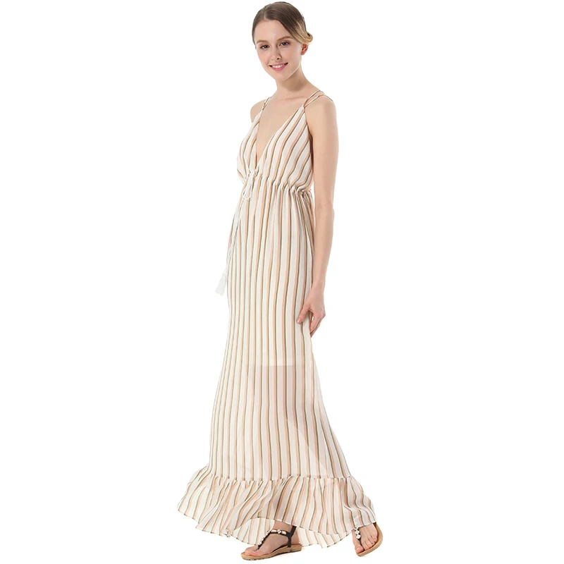 Богемное длинное платье с глубоким v-образным вырезом модное Полосатое