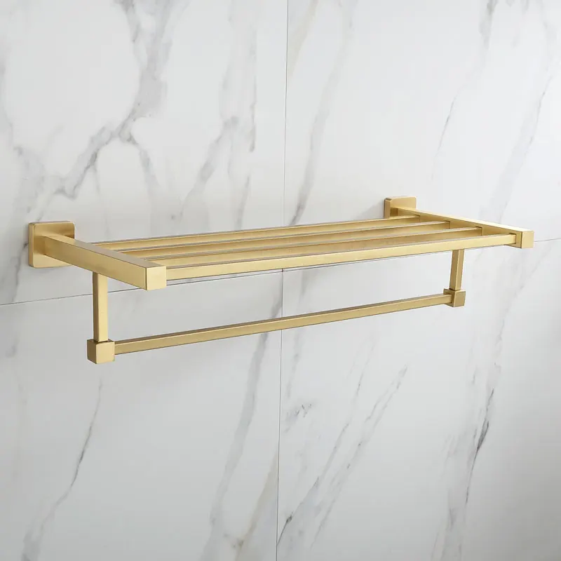 towel rack Латунные аксессуары для ванной комнаты, матовая Золотая стеклянная полка, держатель для полотенец, двойные стержни, настенный держатель для туалетной бумаги с крюком - Цвет: towel rack