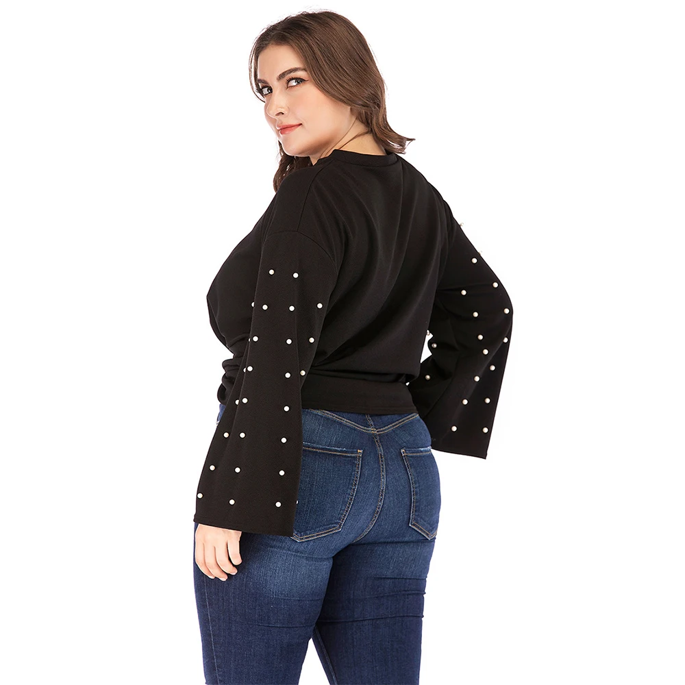 Большие размеры женские короткие топы Мода 2019 длинные расклешенные рукава