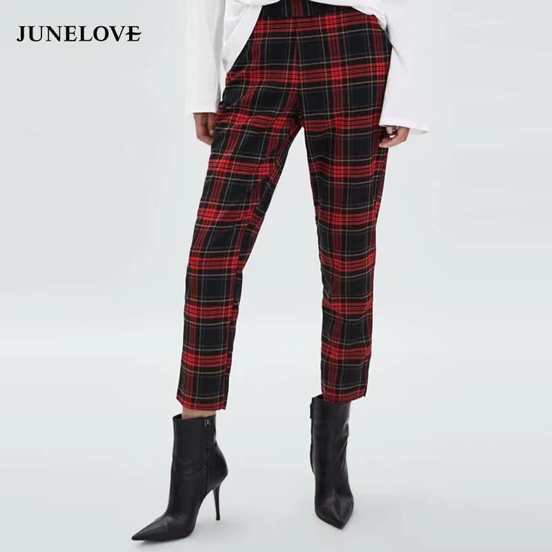 Женские повседневные клетчатые брюки JuneLove винтажные свободные длинные