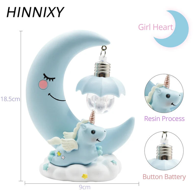 Hinnixy Moon Unicorn Ночная светло-розовая синяя Милая мультяшная смоляная настольная