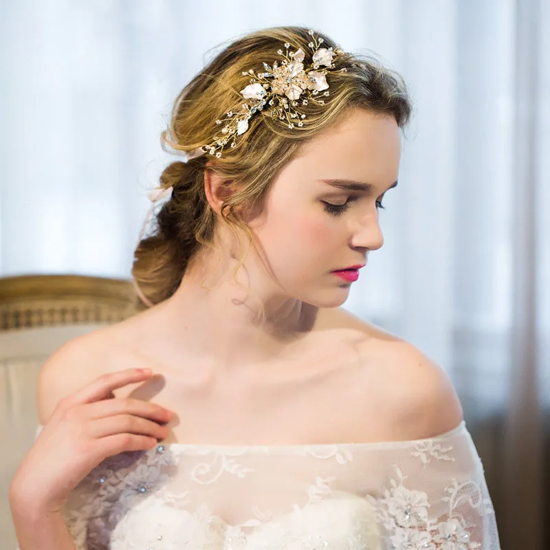 SLBRIDAL розовые золотые стразы натуральный жемчуг свадебные аксессуары для волос повязка для волос Свадебная повязка на голову ювелирные изделия для подружек невесты для женщин