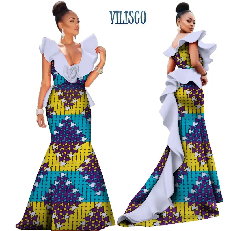 Африканские платья с принтом для женщин Базен Riche Ruffles размер цветок Vestidos Длинные