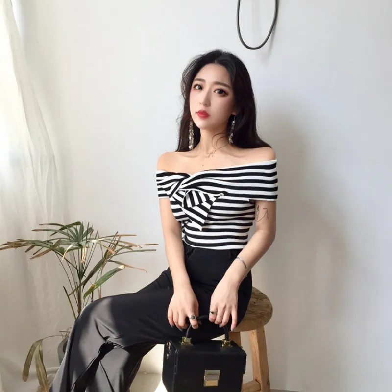 Женская футболка в полоску с коротким рукавом ZH летняя тонкая вырезом лодочкой и