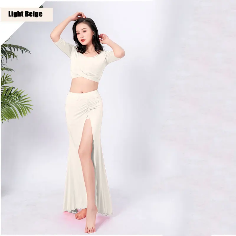 Light Beige Костюм для занятий танцами живота Женская одежда 10 цветов Модальная Одежда для танцев 2 шт. для танца живота Восточная - Цвет: Light Beige