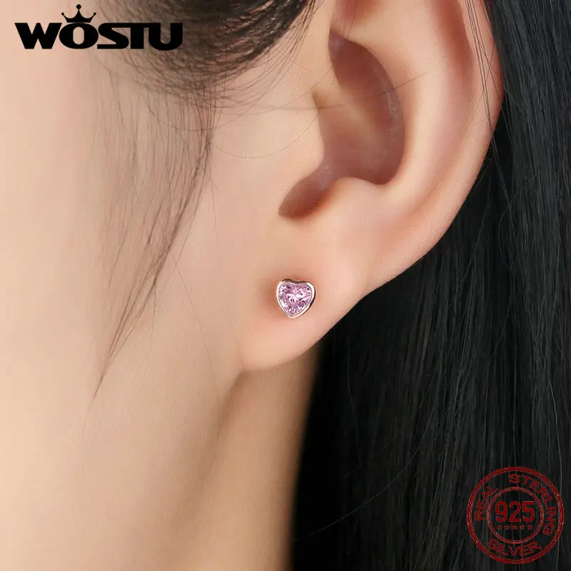 WOSTU Authentic 925 Sterling Silver Rose Gold Sparkling Heart Stud Earrings For Women Pink CZ Jewelry Birthday Gift | Украшения и