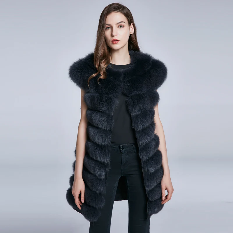 JKP Winter Women's Fox Fur Coat Medium Length Female Real Fur Sleeveless Vest Tilt Stripe Warmth Fashion New Clothes