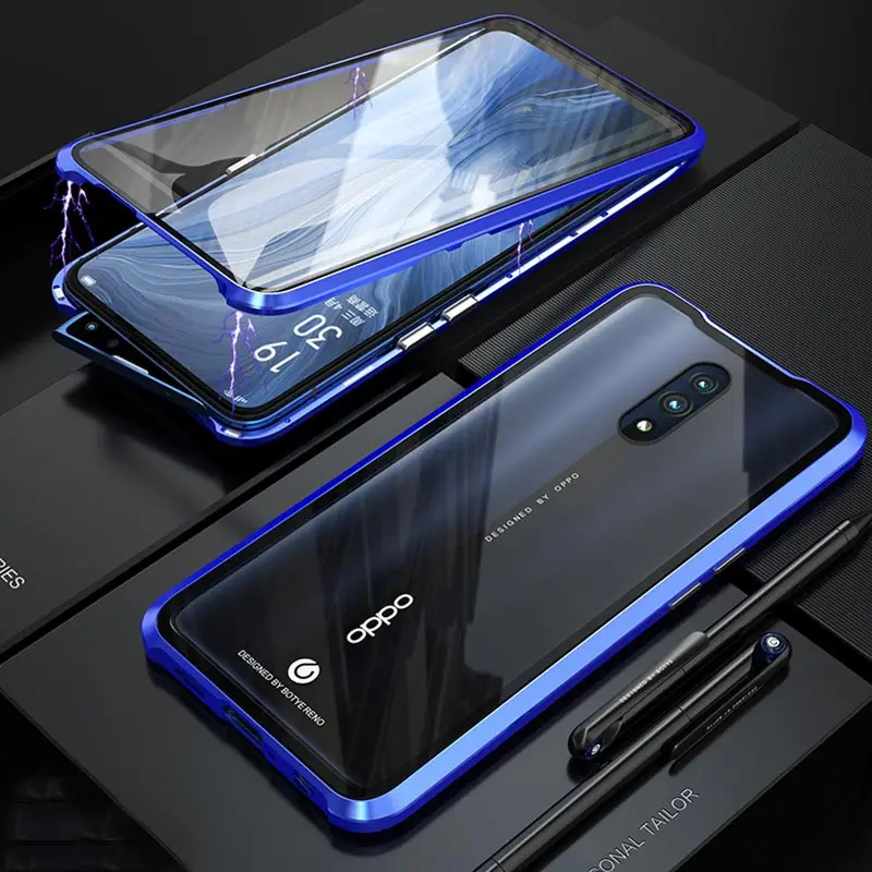 Чехол из закаленного стекла с магнитной адсорбцией для OPPO Reno 6,4 6,6, задняя крышка из закаленного стекла на магните 360, чехол с полной защитой - Цвет: Синий