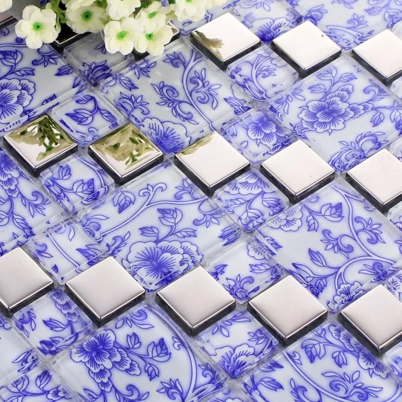 Мозаичная плитка из серебристого стекла в китайском ретро стиле с голубыми