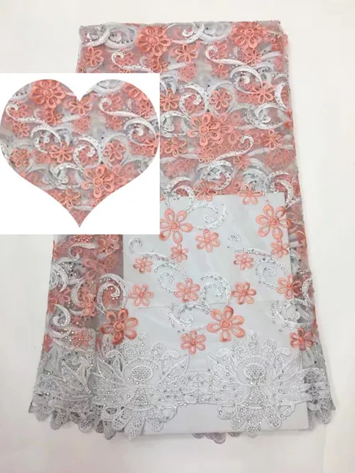 Золотая линия Высокое качество Африканский тюль Кружево Ткань розовый бисером