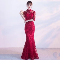 wine red mermaid chinese wedding dress women lace cheongsam vestido oriental style evening dresses sexy long qipao party gown