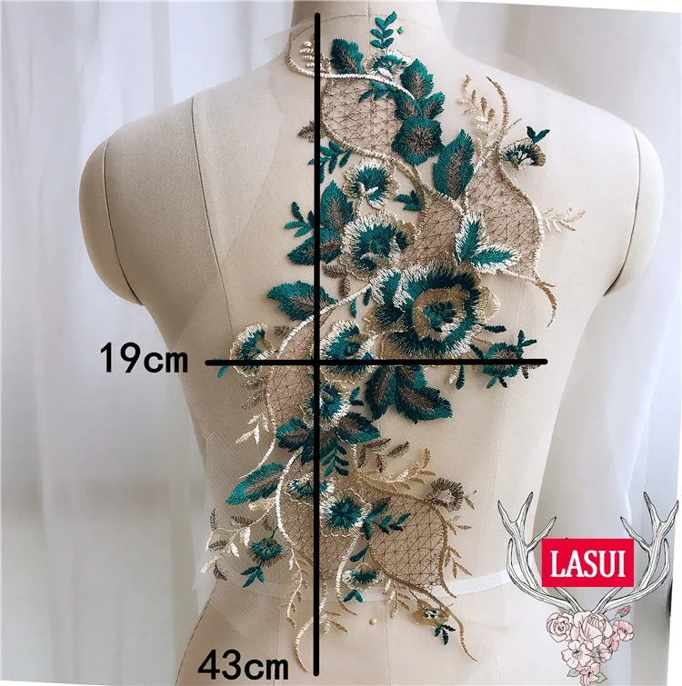 Кружевная аппликация LASUI 43*19 см зеленая и золотая нитка с вышивкой ювелирные
