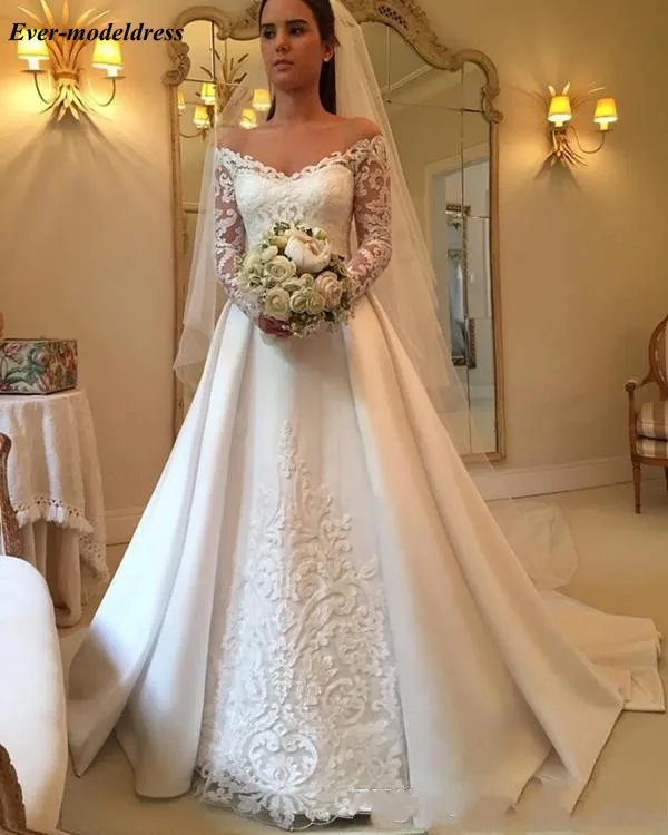 Vestido de Noiva, кружевные свадебные платья с длинным рукавом, с открытыми плечами, с кружевной аппликацией, трапециевидный шлейф, винтажные свадебные платья