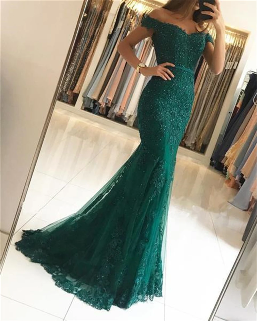 Элегантное Длинное кружевное платье-Русалка с открытыми плечами и бусинами |