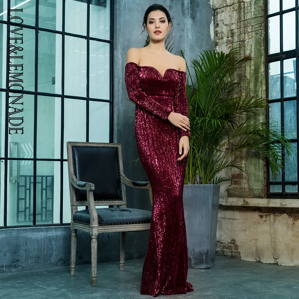 Женское длинное платье LOVE &amp LEMONADE винно-красное эластичное с глубоким V-образным